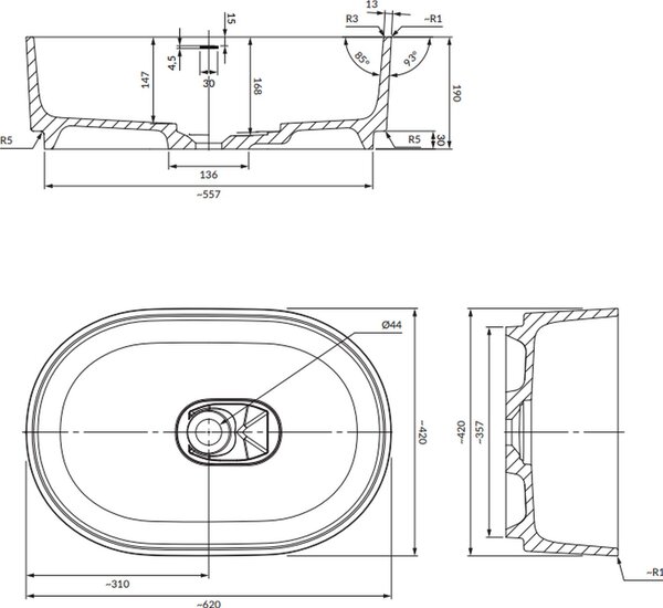 Omnires Cadence M+ lavoar 62x42 cm ovale de blat alb luciu CADENCE620BP