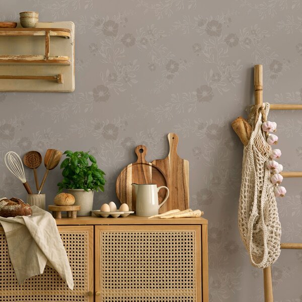Tapet Flori cu frunze de lumină pe fundal gri, Tapet rustic, a00006v1 : Uwalls.ro