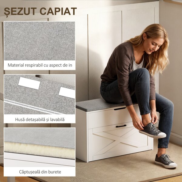 HOMCOM Bancă Pantofar de Intrare, Pantofar cu Săriță Capitonată Lavabilă, Antă Rabatabilă, Compartiment cu Închidere Lentă, Rafturi Reglabile, pentru 8 Perechi de Pantofi, Hol Coridor Cameră, Alb | Aosom Romania