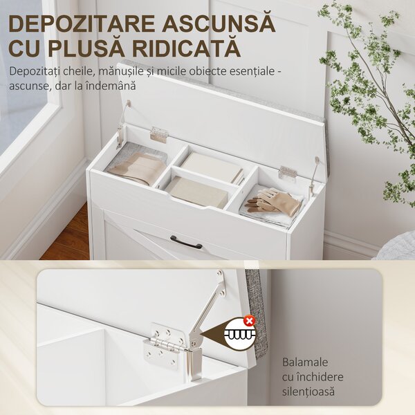 HOMCOM Bancă Pantofar de Intrare, Pantofar cu Săriță Capitonată Lavabilă, Antă Rabatabilă, Compartiment cu Închidere Lentă, Rafturi Reglabile, pentru 8 Perechi de Pantofi, Hol Coridor Cameră, Alb | Aosom Romania