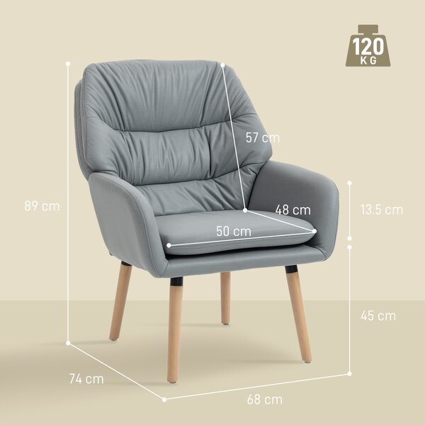 Scaun Decorativ Modern HOMCOM, Fotoliu Tapitat cu Leathaire cu Dublu Strat de Umplutură, Cadru de Oțel și Picioare de Lemn de Cauciuc pentru Sufragerie, Dormitor, Gri | Aosom Romania