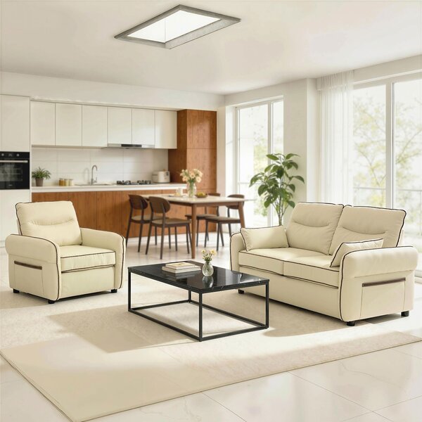 HOMCOM Fotoliu de Living cu Tapițerie Groasă, Șezut Generos, Spumă cu Densitate Mare, Fotoliu pentru Dormitor cu Brațe și Buzunare Laterale, Piele PU pentru Living sau Birou, Bej | Aosom Romania