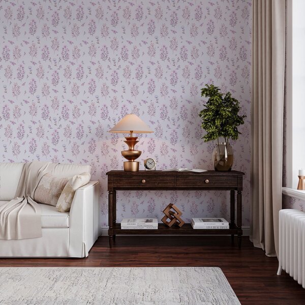 Tapet Flori delicate cu tulpini pe fundal alb, Tapet rustic, a00016 : Uwalls.ro
