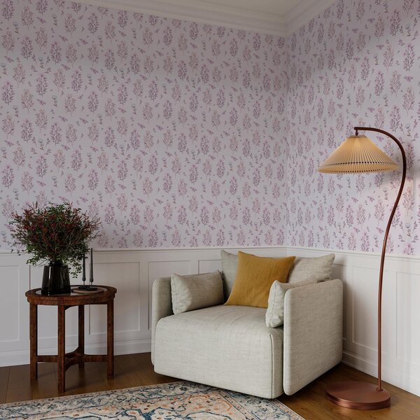 Tapet Flori delicate cu tulpini pe fundal alb, Tapet rustic, a00016 : Uwalls.ro