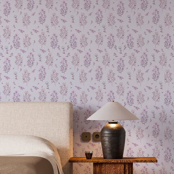 Tapet Flori delicate cu tulpini pe fundal alb, Tapet rustic, a00016 : Uwalls.ro