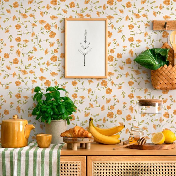 Tapet Flori portocalii pe fundal alb, Tapet stil englezesc, a00015 : Uwalls.ro