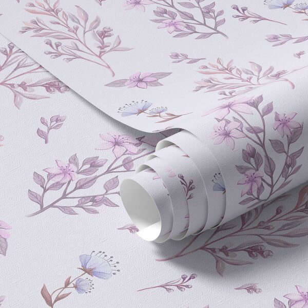 Tapet Flori delicate cu tulpini pe fundal alb, Tapet rustic, a00016 : Uwalls.ro