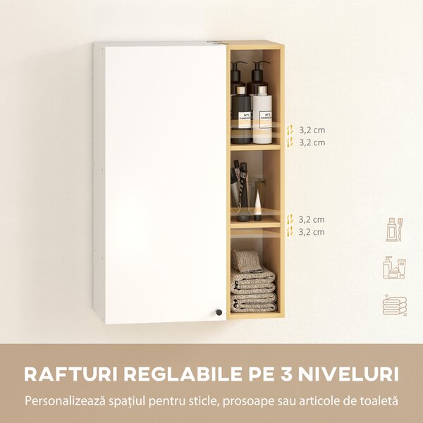HOMCOM Dulap de Baie Suspendat cu Uși Soft Close, Dulap de Baie Suspendat cu Rafturi Reglabile și 3 Rafturi Deschise, 59.5x30x90 cm, Alb și Culoare Lemn | Aosom Romania