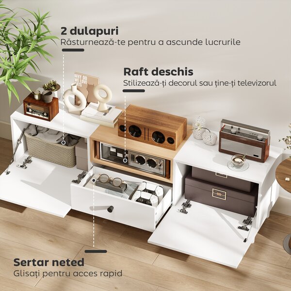 HOMCOM Mobilier TV, Suport TV până la 70" cu 2 Uși Rabatabile, Balamale Soft Close, Sertar, Raft Deschis, 8 Picioare pentru Sufragerie, Dormitor, 150x35x45 cm, Alb și Culoare Lemn | Aosom Romania
