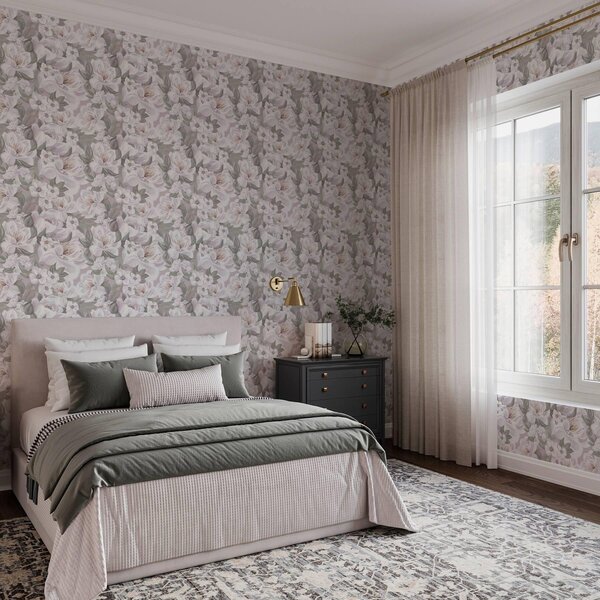 Tapet Flori și frunze delicate în culori pastelate, Tapet flori, Tapet bujori, a00022 : Uwalls.ro