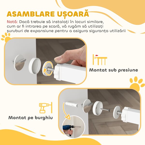 PawHut Poartă pentru Câini și Pisici Extensibilă cu Ușă Integrată, Poartă din Oțel și ABS, 75-85x2x76 cm, Alb | Aosom Romania
