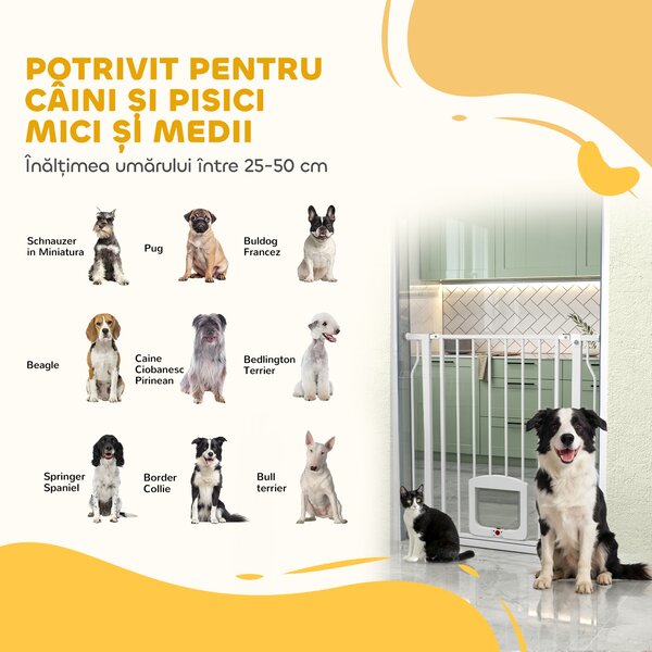 PawHut Poartă pentru Câini și Pisici Extensibilă cu Ușă Integrată, Poartă din Oțel și ABS, 75-85x2x76 cm, Alb | Aosom Romania