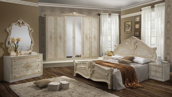 Dormitor Amalfi Bej, pat 160x200 cm, dulap cu 6 usi, comoda, 2 noptiere, somiera + saltea cadou