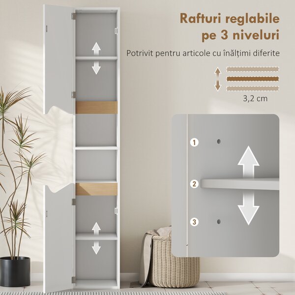 HOMCOM Dulăpior Înalț și Îngust pentru Baie cu 2 Uși, 2 Rafturi - Alb | Aosom Romania