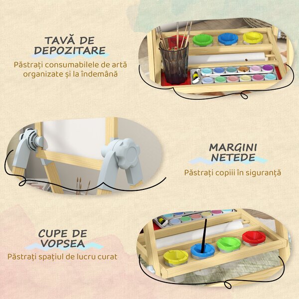 AIYAPLAY Șevalet pentru copii cu tablă dublă pentru cretă și markere, tablă magnetică și tăviță pentru accesorii, rolă de hârtie inclusă, lemn natur | Aosom Romania
