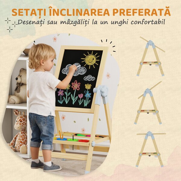AIYAPLAY Șevalet pentru copii cu tablă dublă pentru cretă și markere, tablă magnetică și tăviță pentru accesorii, rolă de hârtie inclusă, lemn natur | Aosom Romania