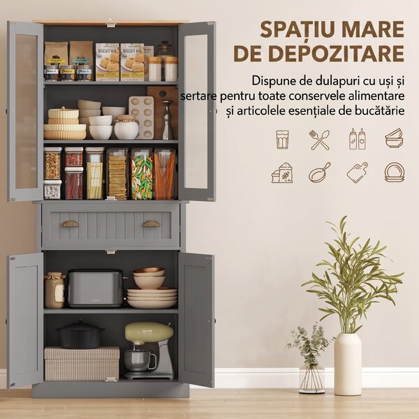 HOMCOM Dulap Cămară cu 5 Niveluri și Sertar Central, din MDF și PAL, 76x40x182,5cm, Gri | Aosom Romania