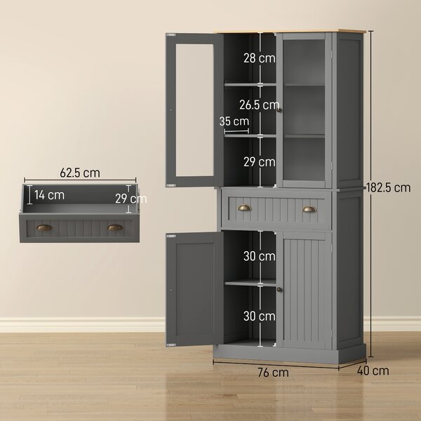 HOMCOM Dulap Cămară cu 5 Niveluri și Sertar Central, din MDF și PAL, 76x40x182,5cm, Gri | Aosom Romania