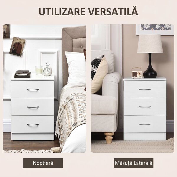 HOMCOM Noptieră pentru Dormitor cu 3 Sertare, 40X35x58 cm, Albă | Aosom Romania