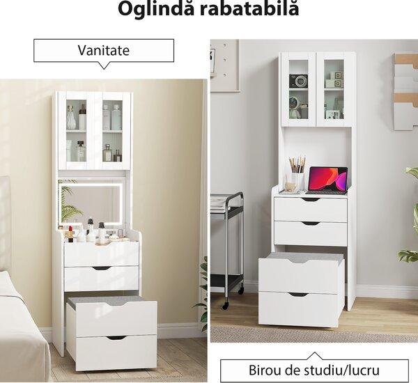 HOMCOM Stație de Machiaj cu Lumini LED în 3 Culori, Oglindă Rabatabilă, Scaun Ascuns, Măsuță de Machiaj cu Scaun Îmbunătățit, 3 Sertare, Compartiment, Dulap cu Uși din Sticlă, Modern, Alb | Aosom Romania