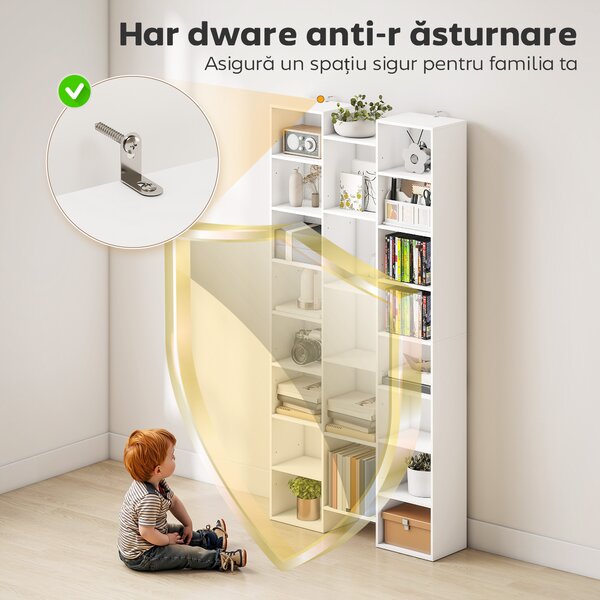 HOMCOM Bibliotecă Modernă din Lemn, Înălțime 181 cm, cu 21 Compartimente și 10 Rafturi Reglabile, Alb | Aosom Romania