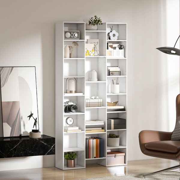 HOMCOM Bibliotecă Modernă din Lemn, Înălțime 181 cm, cu 21 Compartimente și 10 Rafturi Reglabile, Alb | Aosom Romania