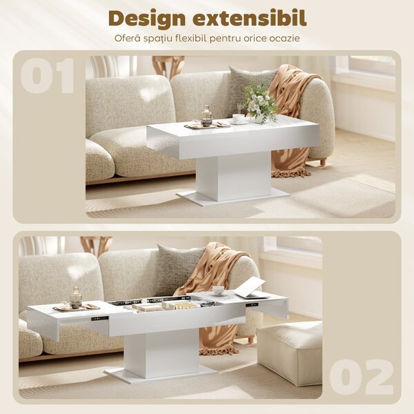 HOMCOM Măsuță de Cafea Extensibilă cu Compartiment, Măsuță de Sufragerie Modernă cu Picioare Antiderapante, Măsuță de Living pentru Acasă Birou, 108-178,5x53x49 cm, Alb Lucios | Aosom Romania