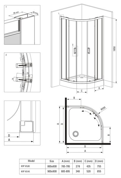 Deante Funkia cabină de duș 90x90 cm semicircular crom luciu/sticlă mat KYP_651K