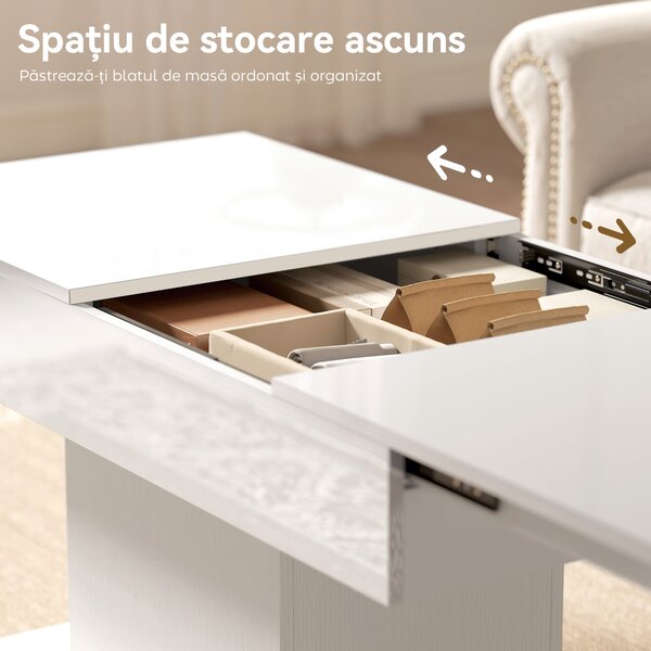 HOMCOM Măsuță de Cafea Extensibilă cu Compartiment, Măsuță de Sufragerie Modernă cu Picioare Antiderapante, Măsuță de Living pentru Acasă Birou, 108-178,5x53x49 cm, Alb Lucios | Aosom Romania