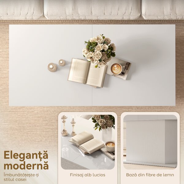 HOMCOM Măsuță de Cafea Extensibilă cu Compartiment, Măsuță de Sufragerie Modernă cu Picioare Antiderapante, Măsuță de Living pentru Acasă Birou, 108-178,5x53x49 cm, Alb Lucios | Aosom Romania