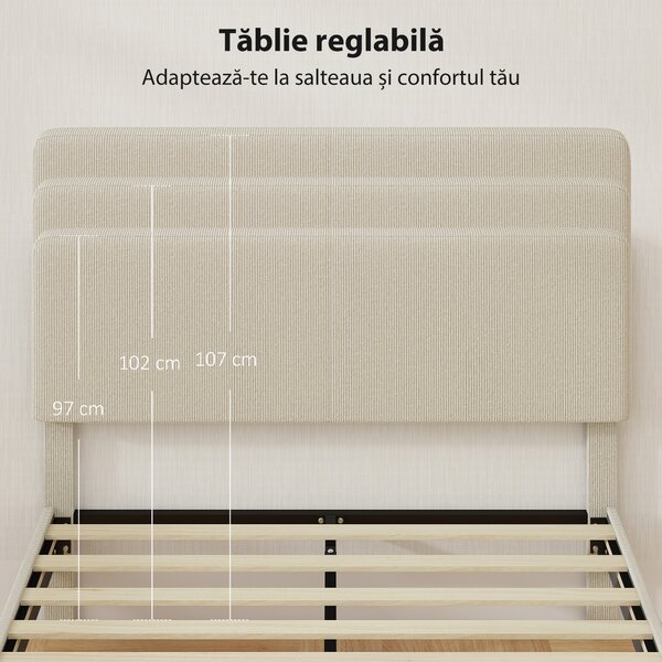 HOMCOM Cadru de Pat Matrimonial 140x200 cm Cap de Pat Reglabil pe Înălțime Îmbrăcat în Catifea, Pat Matrimonial cu Șipci de Lemn, pentru Dormitor, Montaj Ușor, Gri Deschis | Aosom Romania