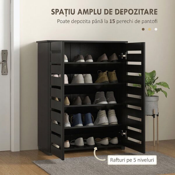 HOMCOM Pantofar cu 5 niveluri, 4 rafturi reglabile și uși cu lamele, din PAL, 76x33x98 cm, negru | Aosom Romania