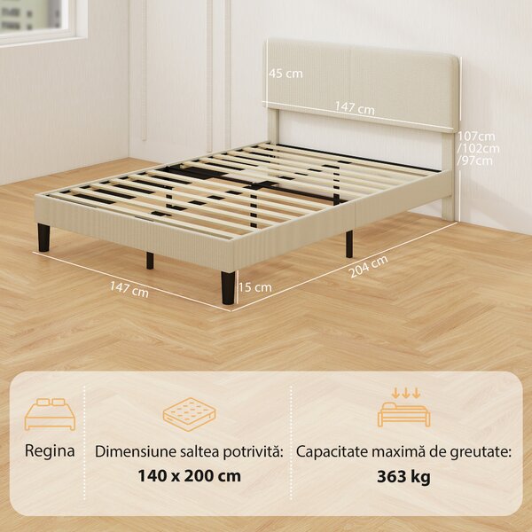 HOMCOM Cadru de Pat Matrimonial 140x200 cm Cap de Pat Reglabil pe Înălțime Îmbrăcat în Catifea, Pat Matrimonial cu Șipci de Lemn, pentru Dormitor, Montaj Ușor, Gri Deschis | Aosom Romania