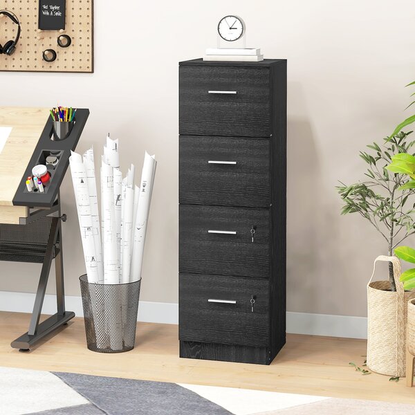HOMCOM Dulap de Birou cu 4 Sertare, 2 Încuietori și Bare pentru Dosare Suspendate, cu Aspect de Lemn, 40x42x130,8 cm, Negru | Aosom Romania