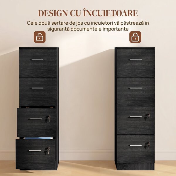 HOMCOM Dulap de Birou cu 4 Sertare, 2 Încuietori și Bare pentru Dosare Suspendate, cu Aspect de Lemn, 40x42x130,8 cm, Negru | Aosom Romania