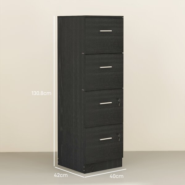 HOMCOM Dulap de Birou cu 4 Sertare, 2 Încuietori și Bare pentru Dosare Suspendate, cu Aspect de Lemn, 40x42x130,8 cm, Negru | Aosom Romania