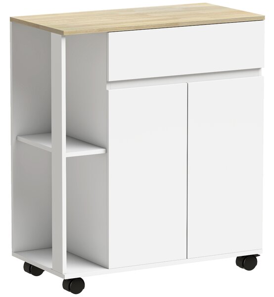HOMCOM Cărucior Bucătărie, Insulă Bucătărie cu Sertar, Dulap, 2 Rafturi Laterale și Rafturi Reglabile, Cărucior Multifuncțional din Lemn, 78x39,5x88,5 cm, Alb și Stejar | Aosom Romania