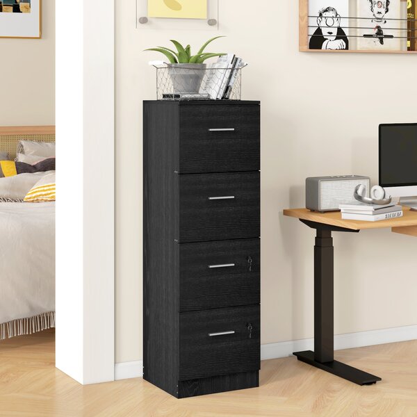 HOMCOM Dulap de Birou cu 4 Sertare, 2 Încuietori și Bare pentru Dosare Suspendate, cu Aspect de Lemn, 40x42x130,8 cm, Negru | Aosom Romania