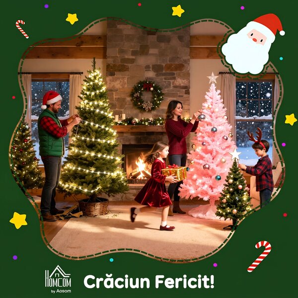 HOMCOM Mini Brad de Crăciun 60 cm cu lumini LED, 141 ramuri, conuri de pin, bobițe roșii, bază din ciment, verde | Aosom Romania