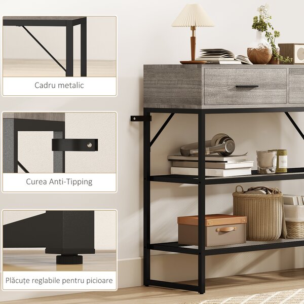 HOMCOM Console Table with 2 Drawers and 2 Mesh Shelves, Hallway Table with Metal Frame for Living Room, Entryway, Light Grey Wood Effect | Aosom Romania