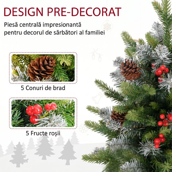 HOMCOM Mini Brad de Crăciun 60 cm cu lumini LED, 141 ramuri, conuri de pin, bobițe roșii, bază din ciment, verde | Aosom Romania