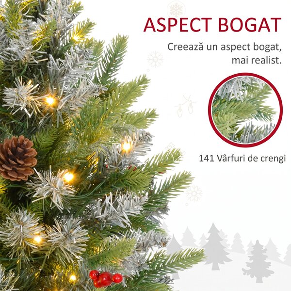 HOMCOM Mini Brad de Crăciun 60 cm cu lumini LED, 141 ramuri, conuri de pin, bobițe roșii, bază din ciment, verde | Aosom Romania