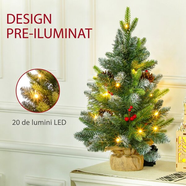 HOMCOM Mini Brad de Crăciun 60 cm cu lumini LED, 141 ramuri, conuri de pin, bobițe roșii, bază din ciment, verde | Aosom Romania
