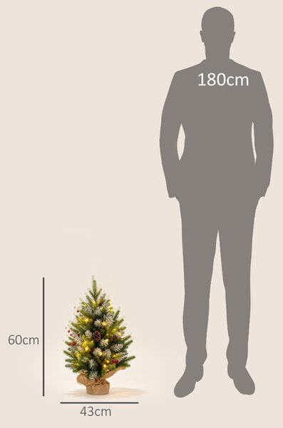 HOMCOM Mini Brad de Crăciun 60 cm cu lumini LED, 141 ramuri, conuri de pin, bobițe roșii, bază din ciment, verde | Aosom Romania