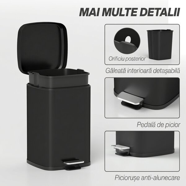 HOMCOM Coș de gunoi dreptunghiular cu pedală 20 L din metal, cu capac, găleată detașabilă, antiamprentă, negru | Aosom Romania