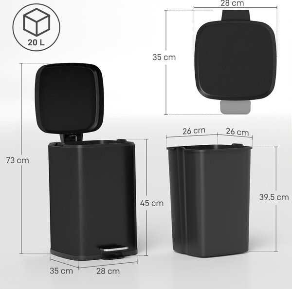 HOMCOM Coș de gunoi dreptunghiular cu pedală 20 L din metal, cu capac, găleată detașabilă, antiamprentă, negru | Aosom Romania