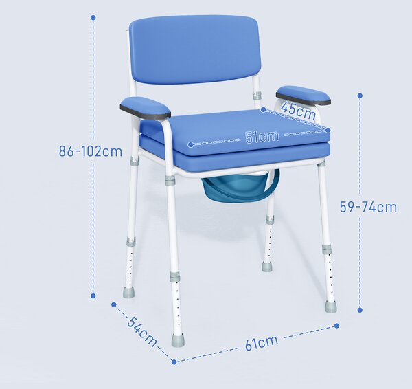 HOMCOM Scaun WC 5 în 1 pentru Vârstnici și Persoane cu Dizabilități, pentru Toaletă și Duș, Reglabil pe Înălțime, cu Recipient Detașabil, Albastru deschis | Aosom Romania
