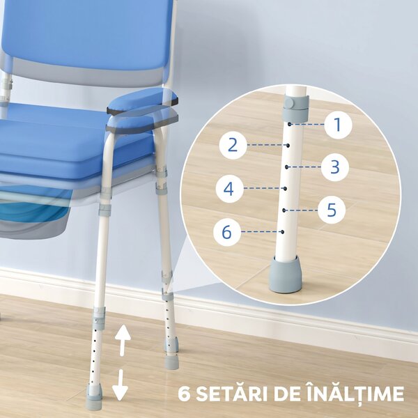 HOMCOM Scaun WC 5 în 1 pentru Vârstnici și Persoane cu Dizabilități, pentru Toaletă și Duș, Reglabil pe Înălțime, cu Recipient Detașabil, Albastru deschis | Aosom Romania