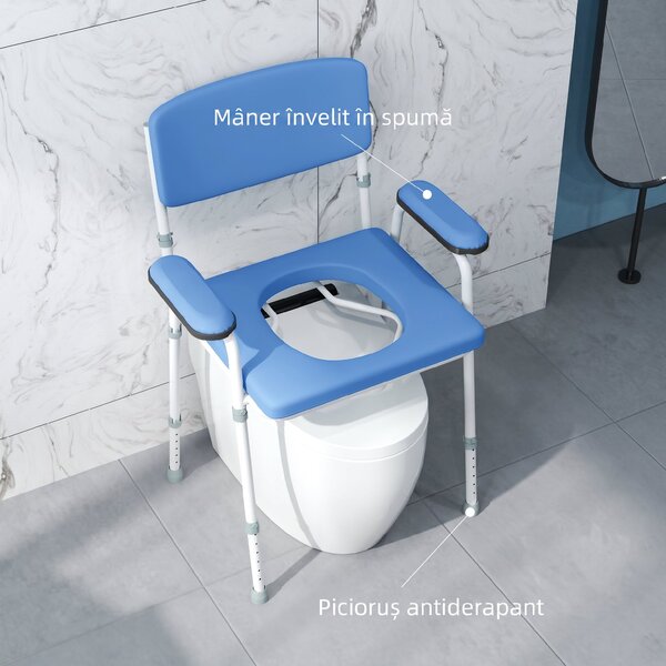 HOMCOM Scaun WC 5 în 1 pentru Vârstnici și Persoane cu Dizabilități, pentru Toaletă și Duș, Reglabil pe Înălțime, cu Recipient Detașabil, Albastru deschis | Aosom Romania