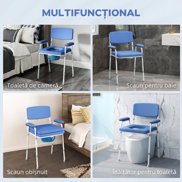 HOMCOM Scaun WC 5 în 1 pentru Vârstnici și Persoane cu Dizabilități, pentru Toaletă și Duș, Reglabil pe Înălțime, cu Recipient Detașabil, Albastru deschis | Aosom Romania